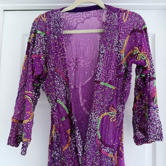 VINTAGE Hand Beaded Sequin Duster Coat Purple Sheer Maxi Evening Glam S/M - Picture 5 of 13